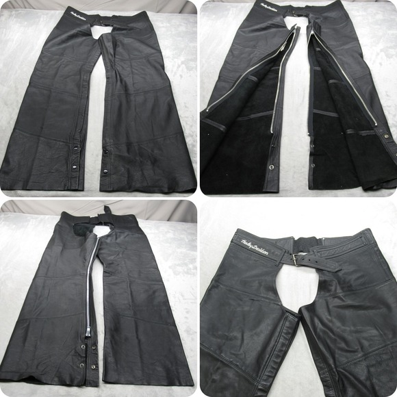 Harley Davidson Chaps Men XL Black Genuine Leather Moto Riding Heavy 32" VTG 90s - Picture 1 of 16